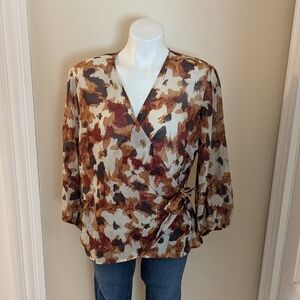 J. Jill brown and cream water color print  silk blend wrap top size L